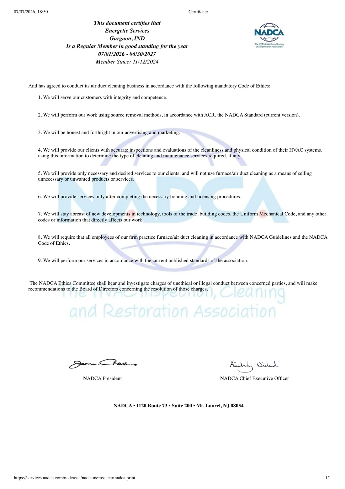 NADCA membership certificate for Energetic Services, Gurgaon — Regular Member in good standing, 1 Jul 2026 to 30 Jun 2027, member since 12 Nov 2024